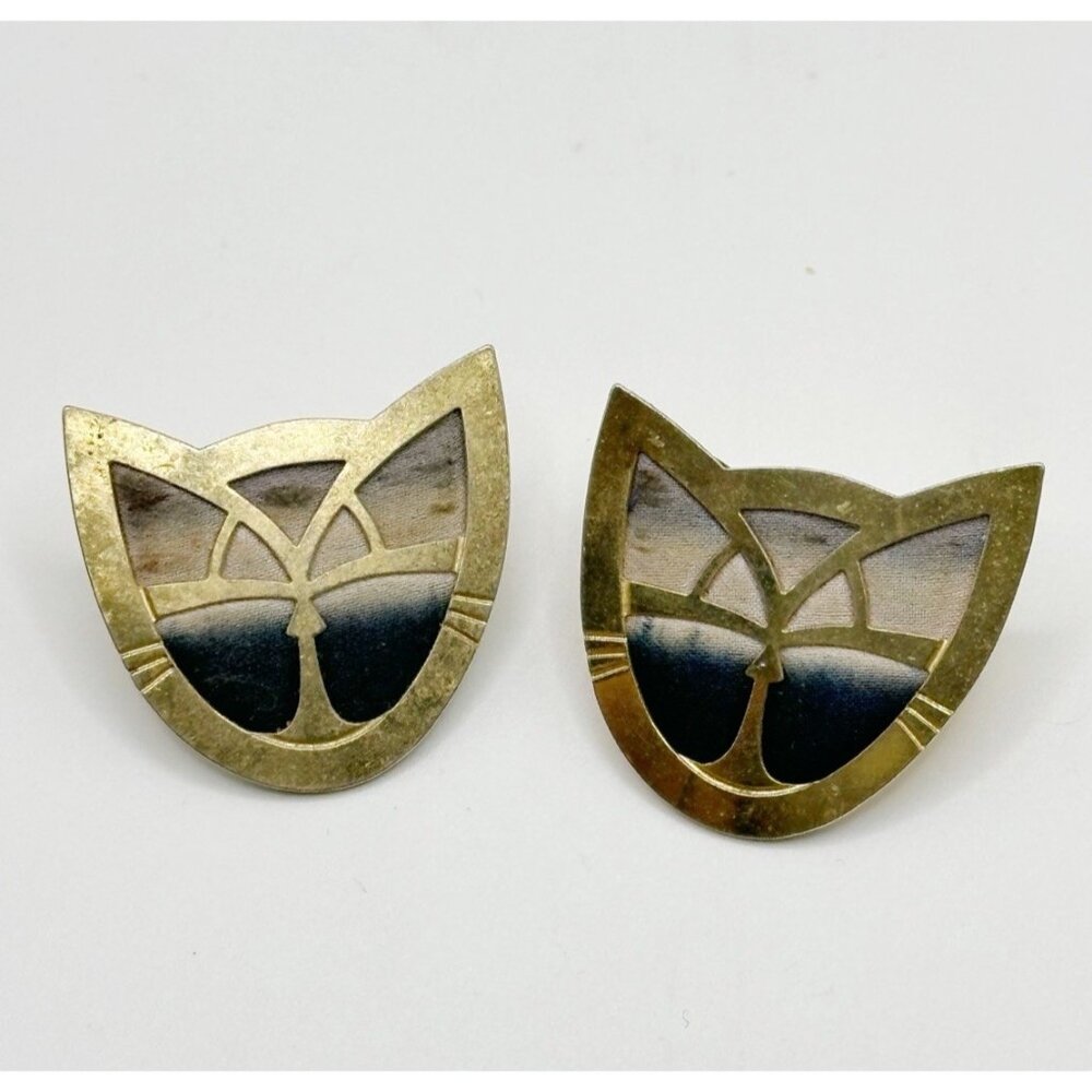 Vintage Kyle Mckeown Earrings‎ Gold Tone Silk Inlay Cat Face Pierced Earrings